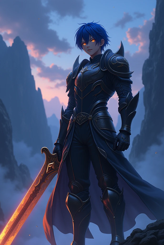 Anime young man, short hair, 1.80 meters tall, with big greatsword, blue hair, golden eyes and black armor.