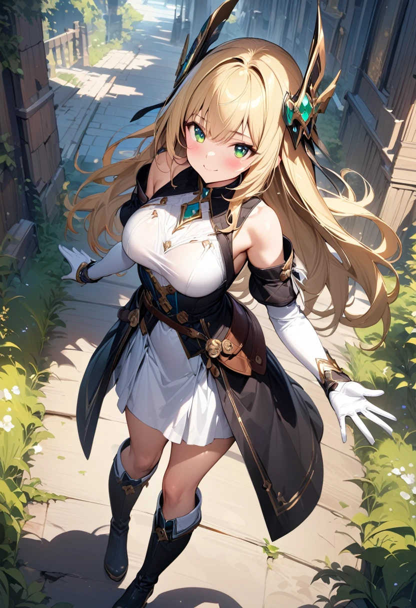 (masterpiece),(best quality),(ultra-detailed),(best illustration),(best shadow),(absurdres),(detailed background),(very aesthetic), 1girl, green-eyes, solo, gloves, blonde-hair, ((long-hair)), white-gloves, looking-at-viewer, full-body, simple-background, boots, dress, breasts, smile, standing, hair-ornament, closed-mouth, bangs, outstretched-arms, knee-boots, medium-breasts, bare-shoulders, detached-sleeves, ribbon, headgear, blush, sleeveless, elbow-gloves, skirt
