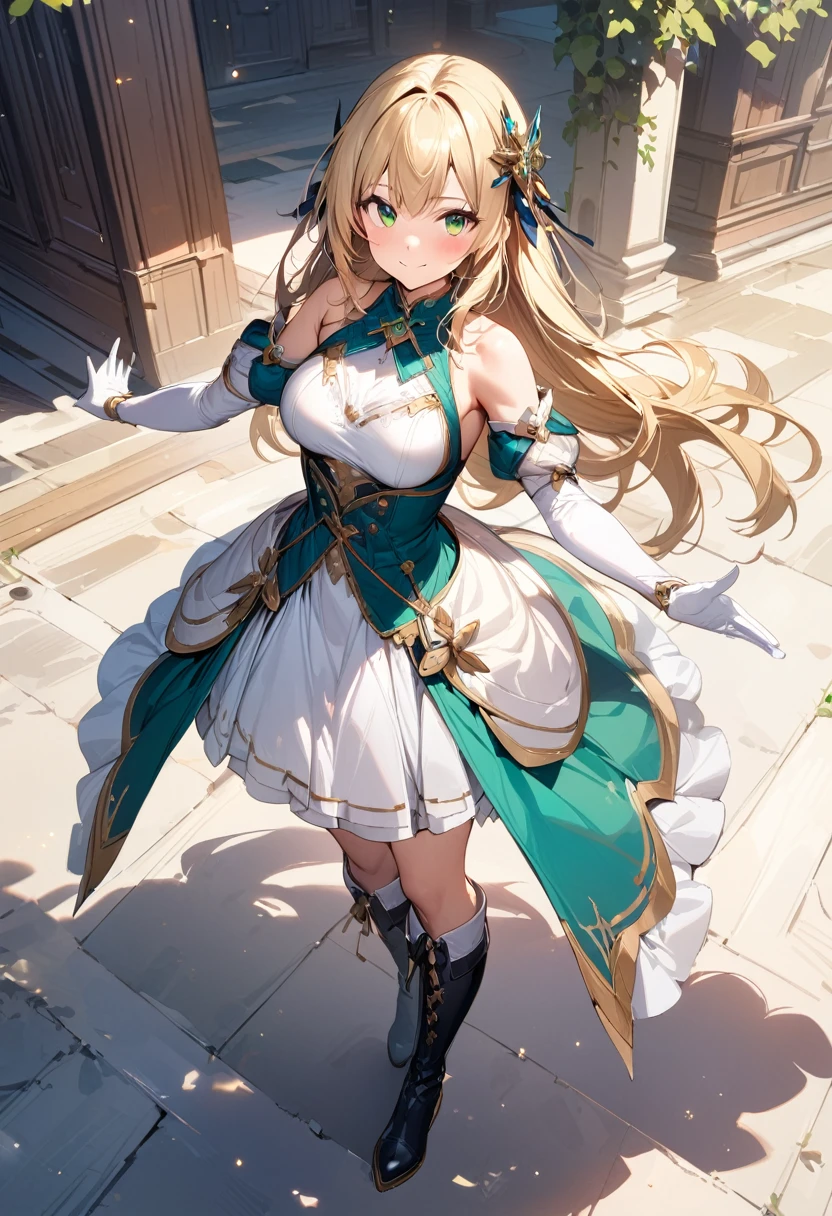 (masterpiece),(best quality),(ultra-detailed),(best illustration),(best shadow),(absurdres),(detailed background),(very aesthetic), 1girl, green-eyes, solo, gloves, blonde-hair, ((long-hair)), white-gloves, looking-at-viewer, full-body, simple-background, boots, dress, breasts, smile, standing, hair-ornament, closed-mouth, bangs, outstretched-arms, knee-boots, medium-breasts, bare-shoulders, detached-sleeves, ribbon, headgear, blush, sleeveless, elbow-gloves, skirt
