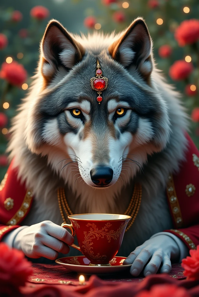 gray-haired wolf, grey eyes, Royals, red jewelry, Red earrings, Lunar, nobility, aristocrat, high quality, Very detailed, detailed face, masterpiece, castillo, Drinking tea, garden, flores, lights and naked