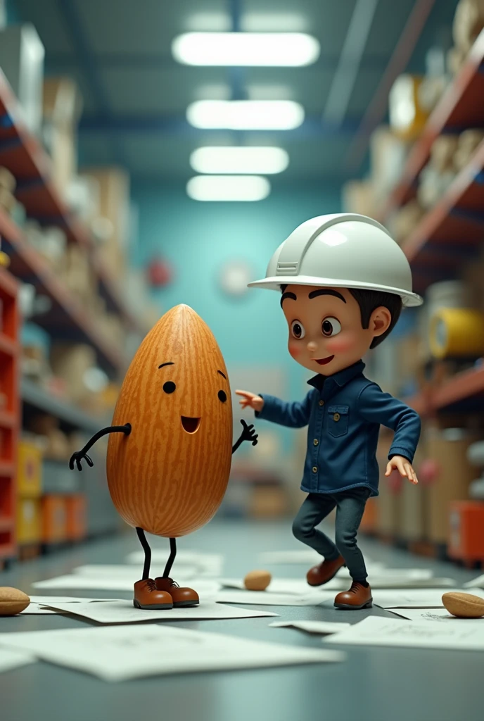 an almond dancing with an engineer wearing a white helmet and a navy blue shirt