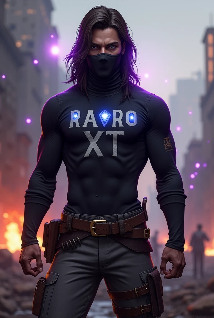 A male character from Free Fire, with long brown hair, with a black mask covering only the mouth, and with a closed black long sleeve shirt with 3 shiny blue stones, Written, RARO XT, small chest, with purple aura coming out of the eyes, wearing gray pants and a brown belt