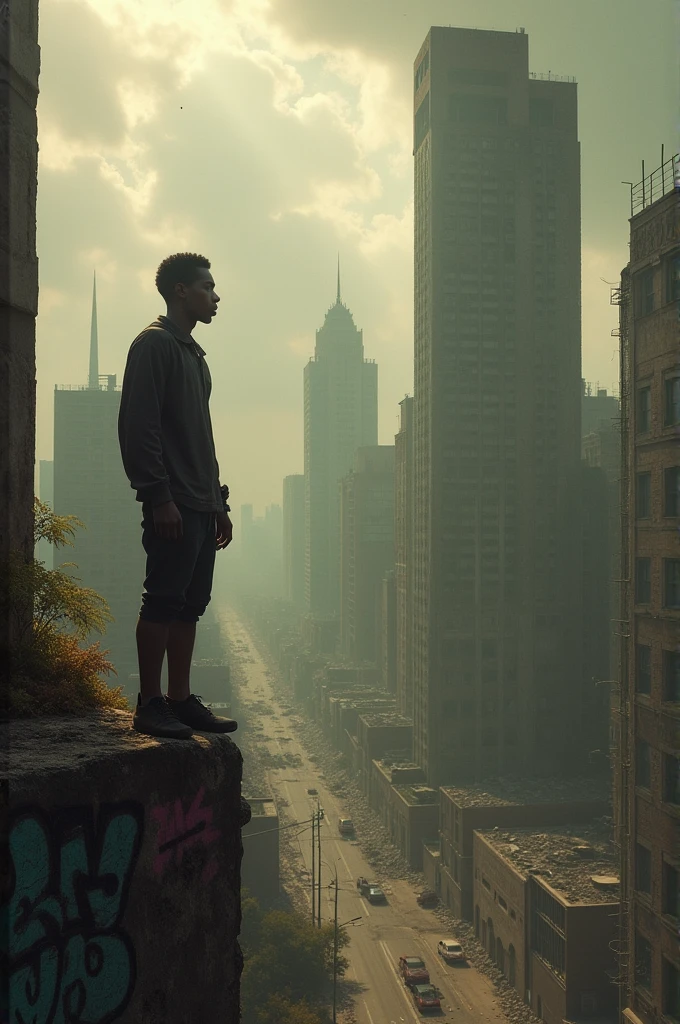 A young, dark-skinned man observes a post-apocalyptic city in ruins.