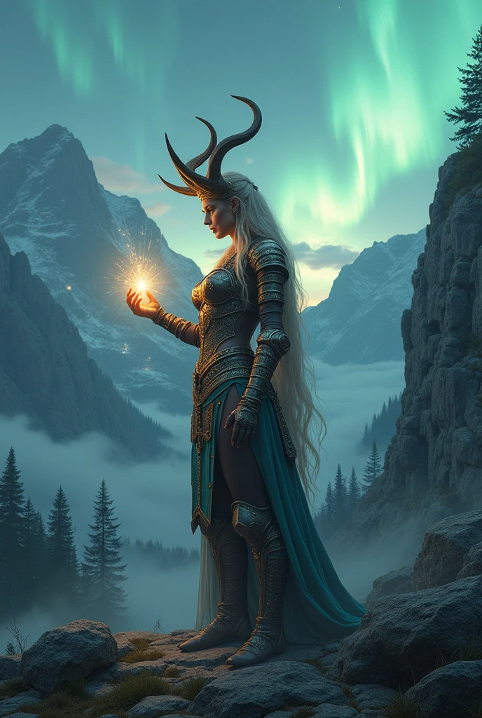 Ansuz (ᚨ)meaning: communication, wisdom, Advice.Interpretation: Associated with the gods and divine inspiration.
Nordic Viking goddess with horns on her head