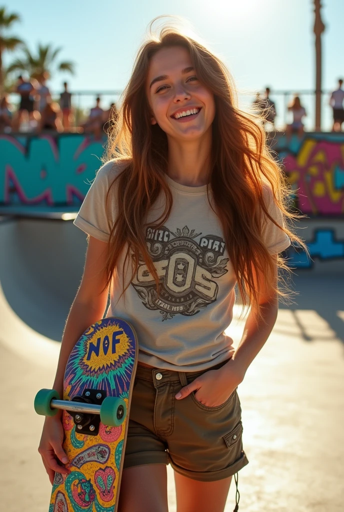 Woman with long hair, eyes browns, chestnut hair, She's holding a skateboard, She's wearing skateboarder clothes, She is smiling, PICTURE REALISTIC.