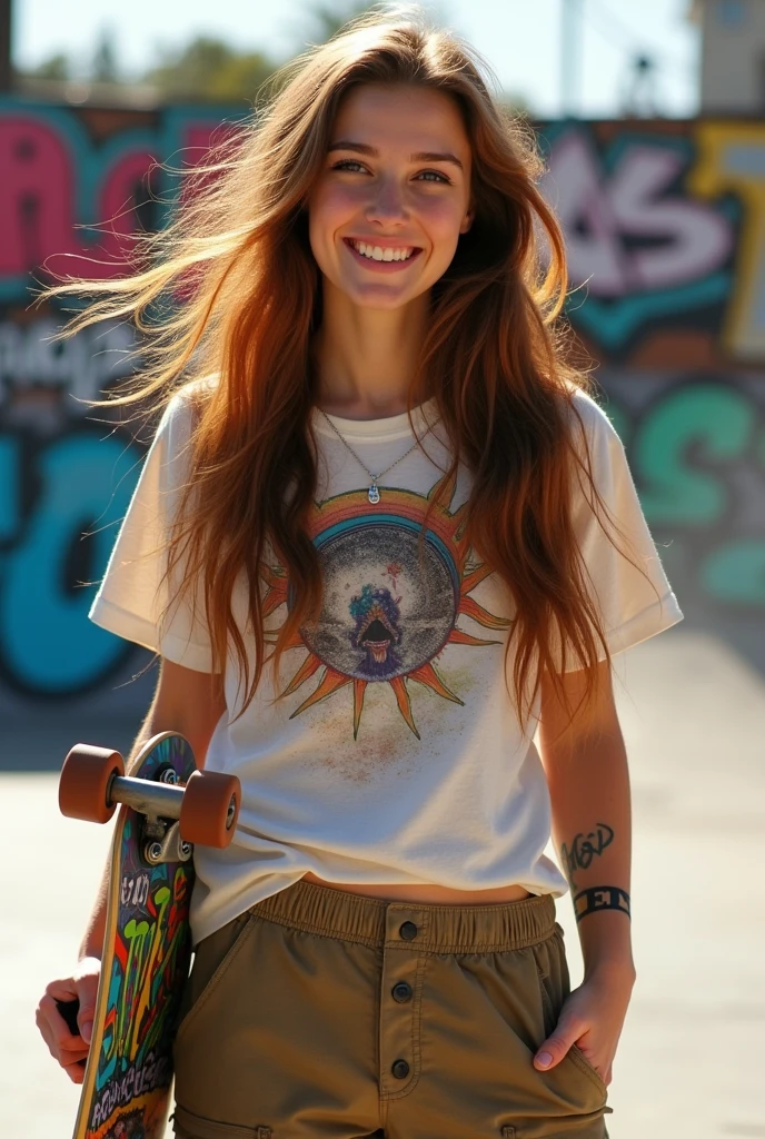 Woman with long hair, eyes browns, chestnut hair, She's holding a skateboard, She's wearing skateboarder clothes, She is smiling, PICTURE REALISTIC.