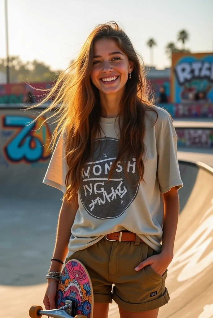 Woman with long hair, eyes browns, chestnut hair, She's holding a skateboard, She's wearing skateboarder clothes, She is smiling, PICTURE REALISTIC.
