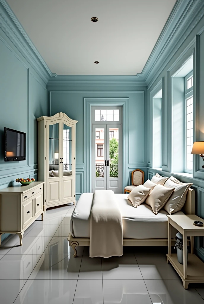 A 30 square meter room, offwhite, with a white checkered glass door leading to a small balcony, on the wall on the right 3 tilting windows, and on the same wall as the entrance door, that is, on the left another door to a bathroom, The bedroom floor is porcelain tiles, You painted this room blue sky and added wainscoting in the same tone. Nesse quarto tem uma cama de casal muito confortavel com lencois offwhites e várias almofadas em cima, There is also a desk with an overhead cabinet on the wall next to the bed, em frente à cama tem uma televisão e na parede à esquerda tem um guarda roupa offwhite com porta de espelhos grande


