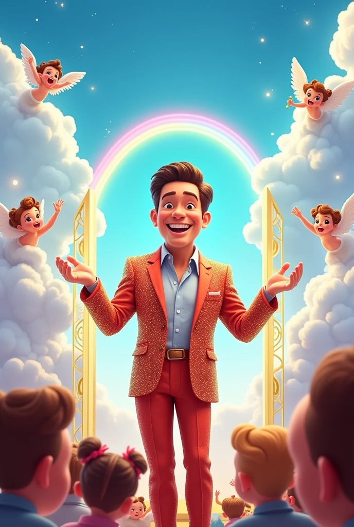Silvio Santos animating a program in heaven. Arriving in paradise. Something like a cartoon.