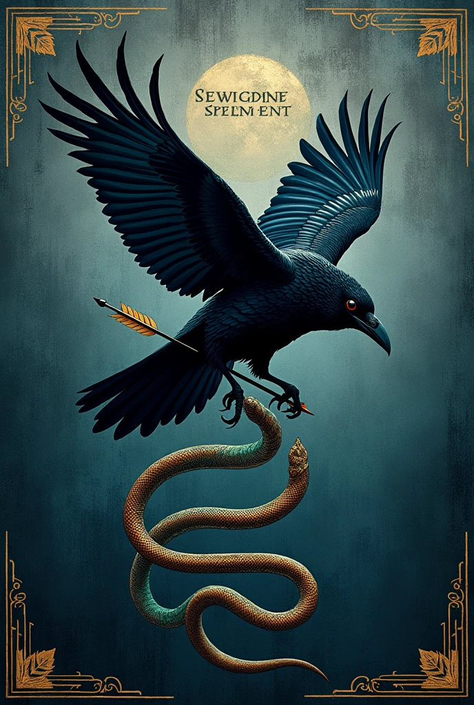 Chat create a poetry book cover, my poems are more obscure, I need something that combines, I want a classic book cover, create a raven with a snake falling together, being that the raven has an arrow stuck in it