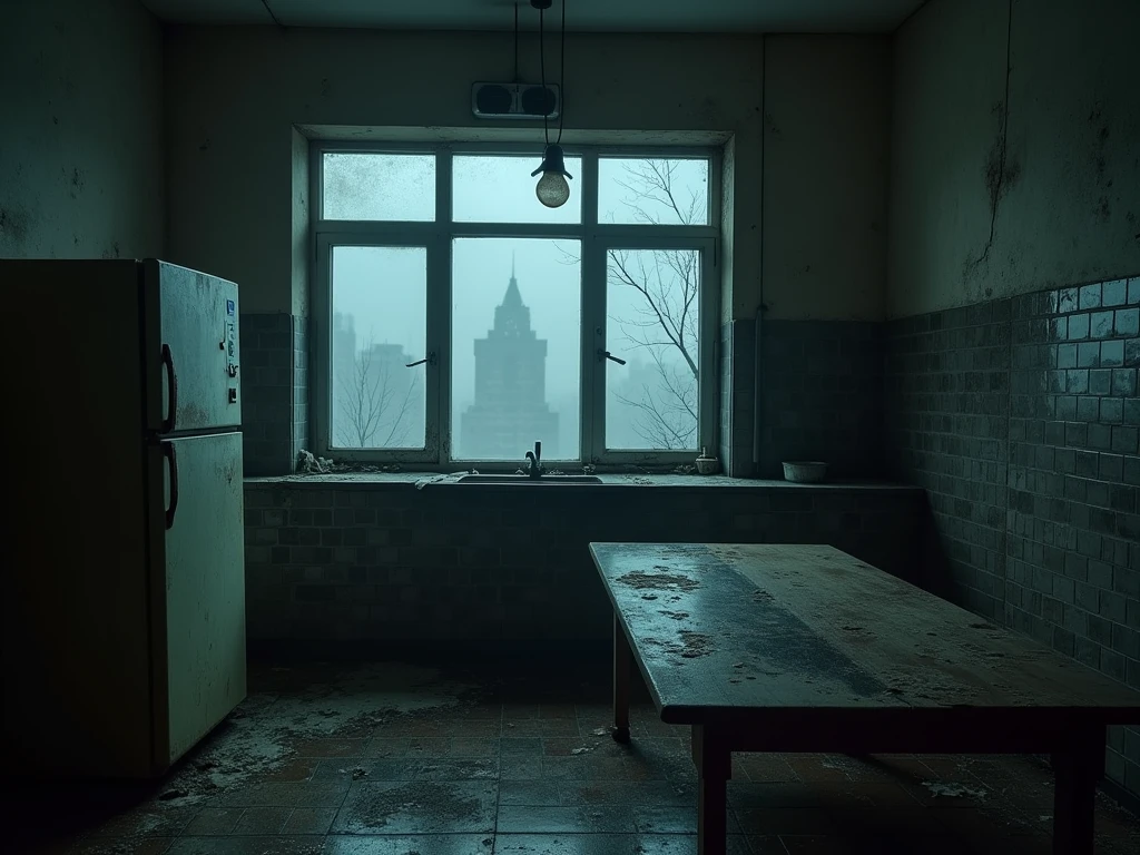 A photo of an abandoned Soviet kitchen. At night, rain and thick fog outside the window. Through the fog you can see tall Soviet panel houses, immersed in darkness. In the center of the photo - an abandoned kitchen. On the floor lie remnants of old linoleum, torn in several places, underneath it you can see the floorboards, covered in a thick layer of dust. In the corner of the kitchen there is one bulky Soviet-era refrigerator with fogged-up glass., on the door - a rusty handle and a detached rubber seal. Next to the refrigerator - a dining group with a huge wooden table, covered in cracks, with stains and a thick layer of dust. On the walls of the kitchen - remnants of Soviet tiles, in some places chipped and revealing black brickwork. Above the stove hangs a single unlit light bulb in a plastic shade, It doesn't burn, its glass is covered in dust. The cupboard doors are broken, behind them you can see a few empty shelves, covered in dust. Window - broken glass. Cold, damp air penetrates through cracks in the glass, but he can't drive away the fog, which filled the entire space of the kitchen.