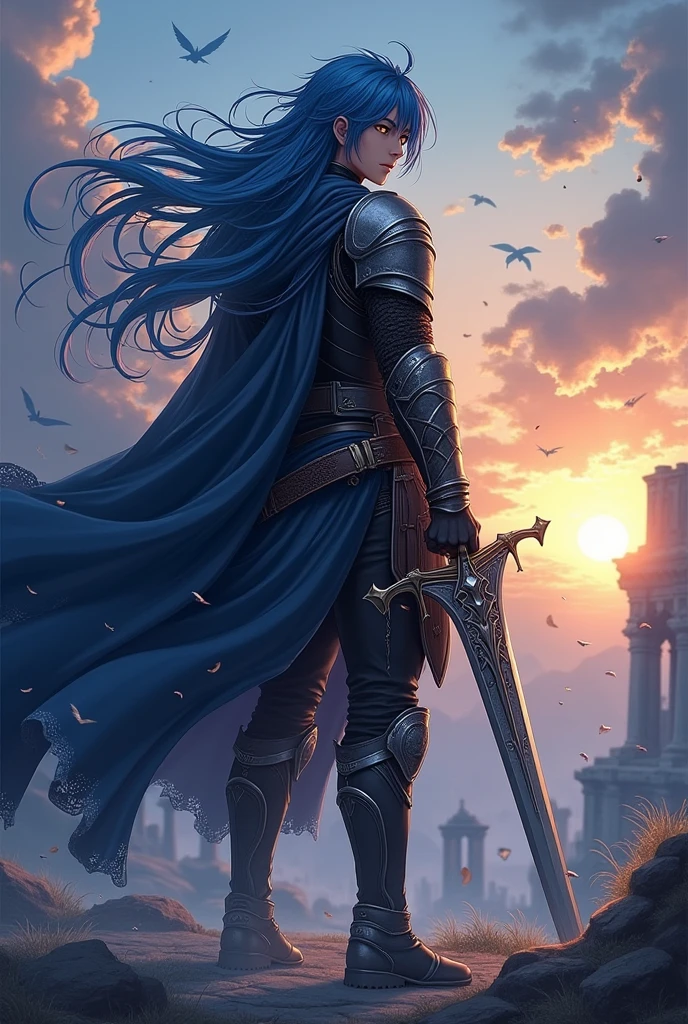 Anime young man, long hair, 1.80 meters tall, with big greatsword, blue hair, golden eyes and black armor.