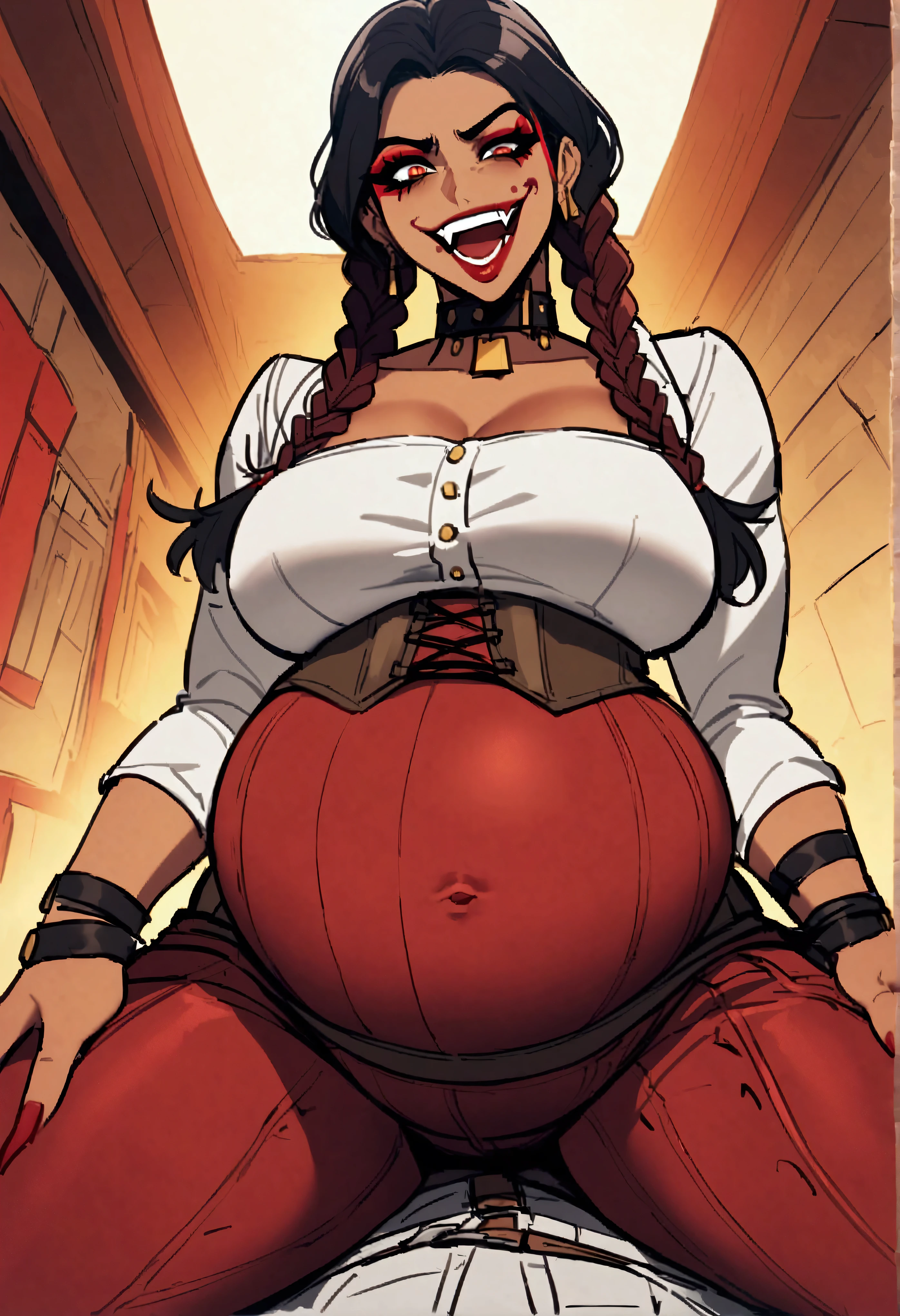 loba from apex legends, white jacket, corset, skirt, pants, black hair, red hair, braids, makeup, choker, wide hips, grin, fang, Latina, Carmel skin tone, red eyeshadow, red lipstick, red fingernails, sitting on you pov, pregnant, crazy smile,
