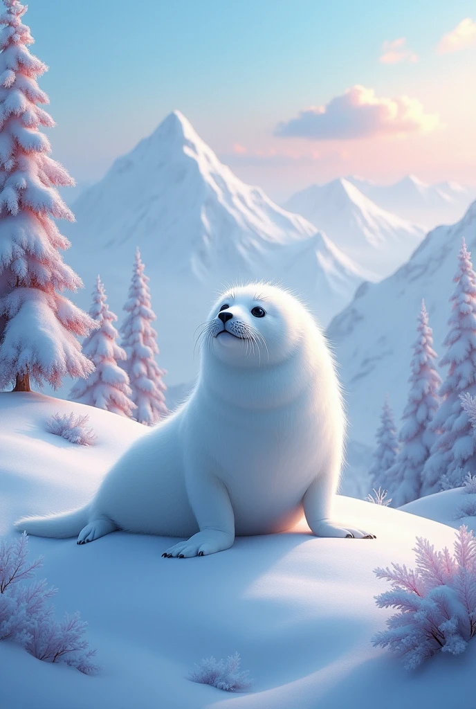 There is a white seal sitting on a snow-covered hill with a background, furry fantasy art, very very beautiful furry art, onmyoji detailed art,  4K fantasy art, wlop rossdraws, 2. 5 d cgi anime fantasy artwork, by famous artist, detailed digital 2d fantasy art, 4K highly detailed digital art