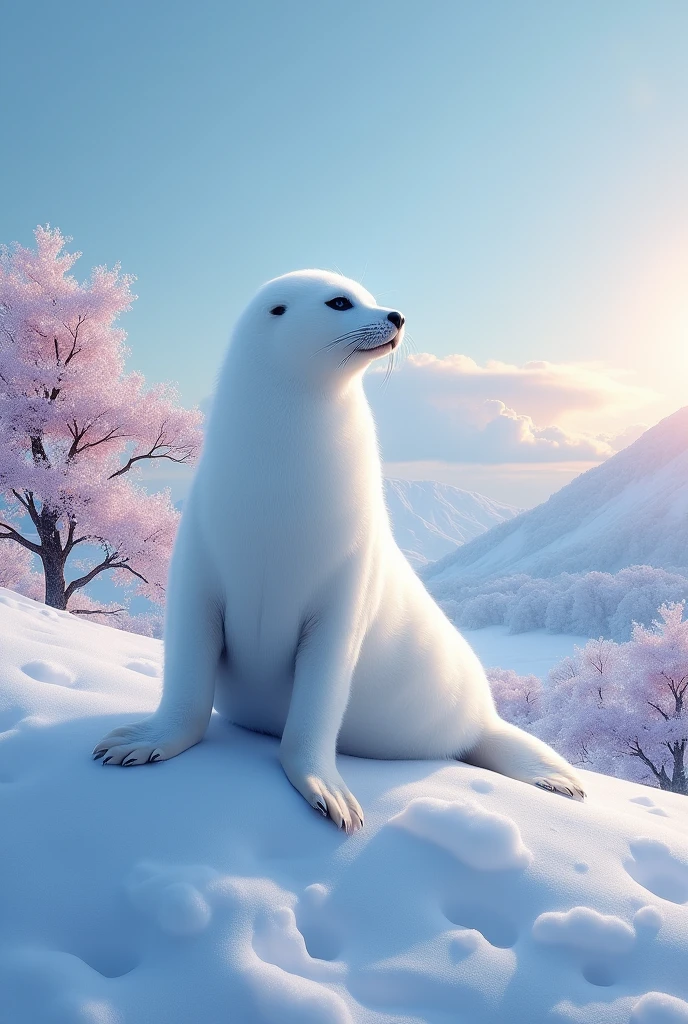 There is a white seal sitting on a snow-covered hill with a background, furry fantasy art, very very beautiful furry art, onmyoji detailed art,  4K fantasy art, wlop rossdraws, 2. 5 d cgi anime fantasy artwork, by famous artist, detailed digital 2d fantasy art, 4K highly detailed digital art