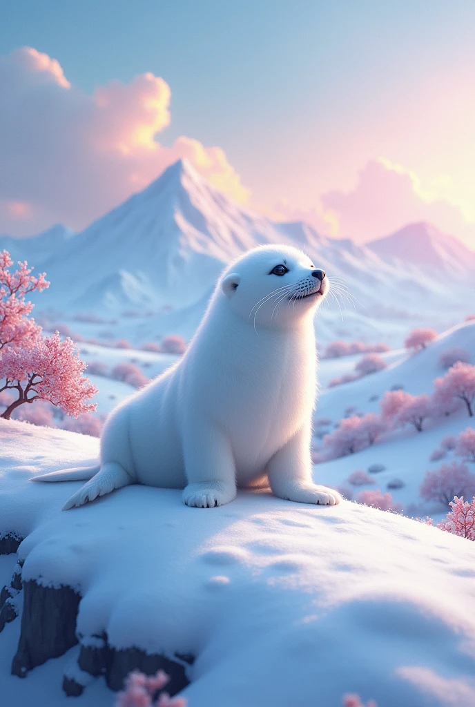 There is a white seal sitting on a snow-covered hill with a background, furry fantasy art, very very beautiful furry art, onmyoji detailed art, 4K fantasy art, wlop rossdraws, 2. 5 d cgi anime fantasy artwork, by famous artist, detailed digital 2d fantasy art, 4K highly detailed digital art