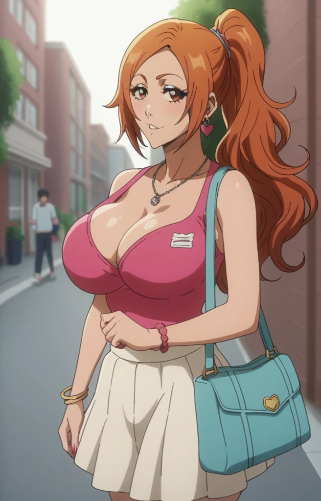 Inoue Orihime,Big breast,lariat necklace,Long pink nail,Hoopa bracelet,Earpiercing,Bleach Anime artstyle,Half eyes open,Stylish Wavy hair,Spouty mouth,Thick lips,Curvy figure,Big wavy hair,Enchanced breast,tight thights,gaze on viewer,ear visible,bouncy breast,unnatural big breast,crossing arm,short sidehair,Short bang hair,heart shaped Earrings,Light blush,Swaying hips,Enormous Big breast,H cup,Top knot Wavy ponytail,gaudy outfit with Scoop Cleavage,Chocker,Walking in street,Purse,Gyaru accesories