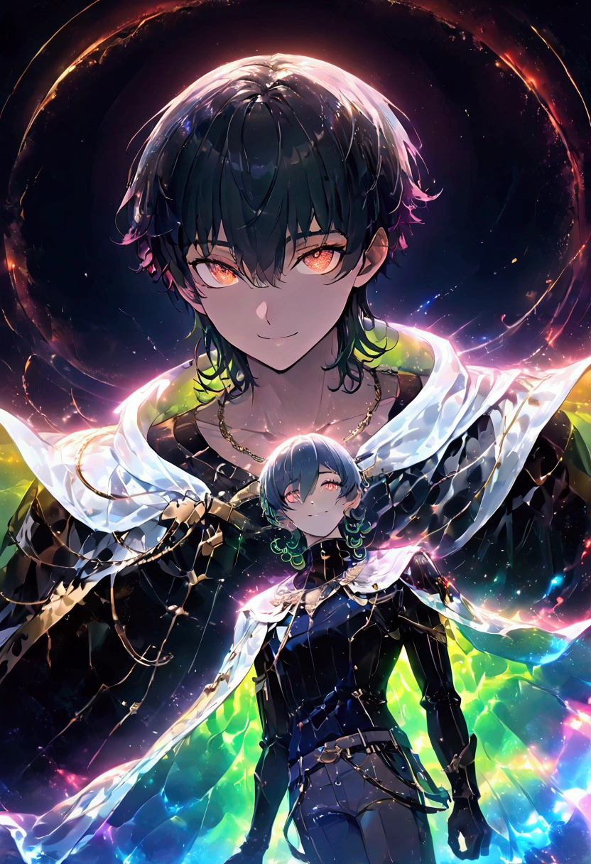 Anime-style illustration, high qualiy, conceptual artwork, digitalpainting, trends on ArtStation and Pixiv. The scene has a low-angle perspective, with a male teenager of height 1:47 featured. (1 men), Teen version, The character has an anatomically correct body ((1.5)) and detailed skin, tanned and radiant ((1.2)). ((Your eyes are golden with reddish hues.:1.5)), ((with a happy expression and a slight smile:1.2)). ((The hair is black and curly, with green fringes that reach the eyes:1.5)). The physique is slim and V-shaped., with an upright posture and a slightly arched back, and feet firmly on the ground. Hands are detailed ((1.5)), with his left hand resting on the balcony railing ((1.2)). The character wears loose clothing suitable for cold weather.: beige pants fitted, golden irrigation, ((a white magic cloak with velvet accents:1.3)). He also wears white athletic shoes and a necklace hanging from his neck with a bright blue sapphire:1.2)). ((He is on a balcony leaning on the balcony:1.3)), the background is detailed and features a night scene with a starry sky. natural lighting, Dynamic colors.