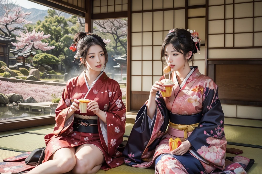 (background:Cherry blossoms on the mountain are covered with mist)((Ukiyo-e))japanese art,or period,tokyo art, lily,Natural landscape.(masseter membrane、top quality、Ukiyo-e style、mystery、Exquisite and beautiful、official art、Sharaku:1.2)、(1 Eating McDonald's McFries L size japanese girl in:1.3)、(fractal art:1.3)、cowboy shooting、White skin、(beautiful brunette、kimono:1.2)、With Japanese traditional performing arts as the background、colorful、(reel、Belongs to Japanese style:1.2)、