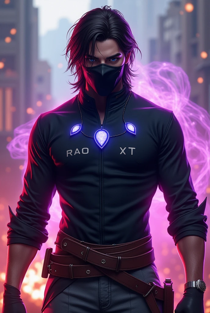 A male character from Free Fire, with long brown hair, with a black mask covering only the mouth, and with a closed black long sleeve shirt with 3 shiny blue stones, Written, RARO XT, small chest, with purple aura coming out of the eyes, wearing gray pants and a brown belt