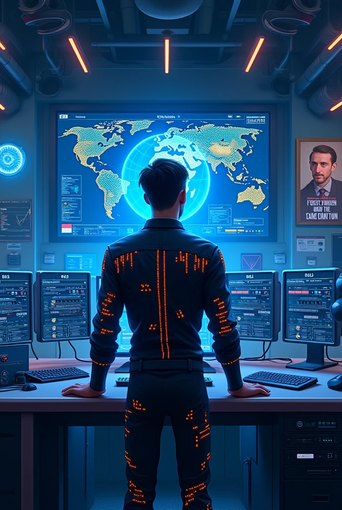 Créer moi une image d'un IT Réseau informatique avec les équipements réseaux cybersecurite
,telecom , cloud ,virtualisation, télématique format animé noir en plein exécution des plusieurs taches. A côté tu écris dans un portrait vanh Mick road to goal