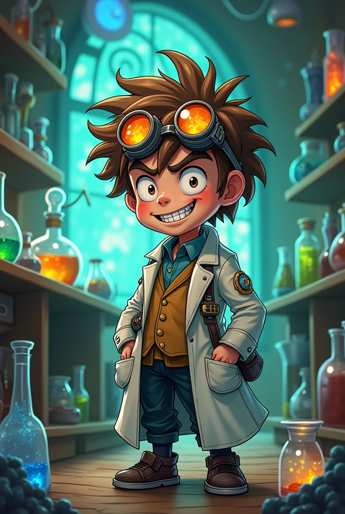 The image shows a small, stout man in anime style. He has a crooked back, has short brown shaggy hair and 2 large front teeth. He's wearing a doctor's coat. He's a mad scientist by profession