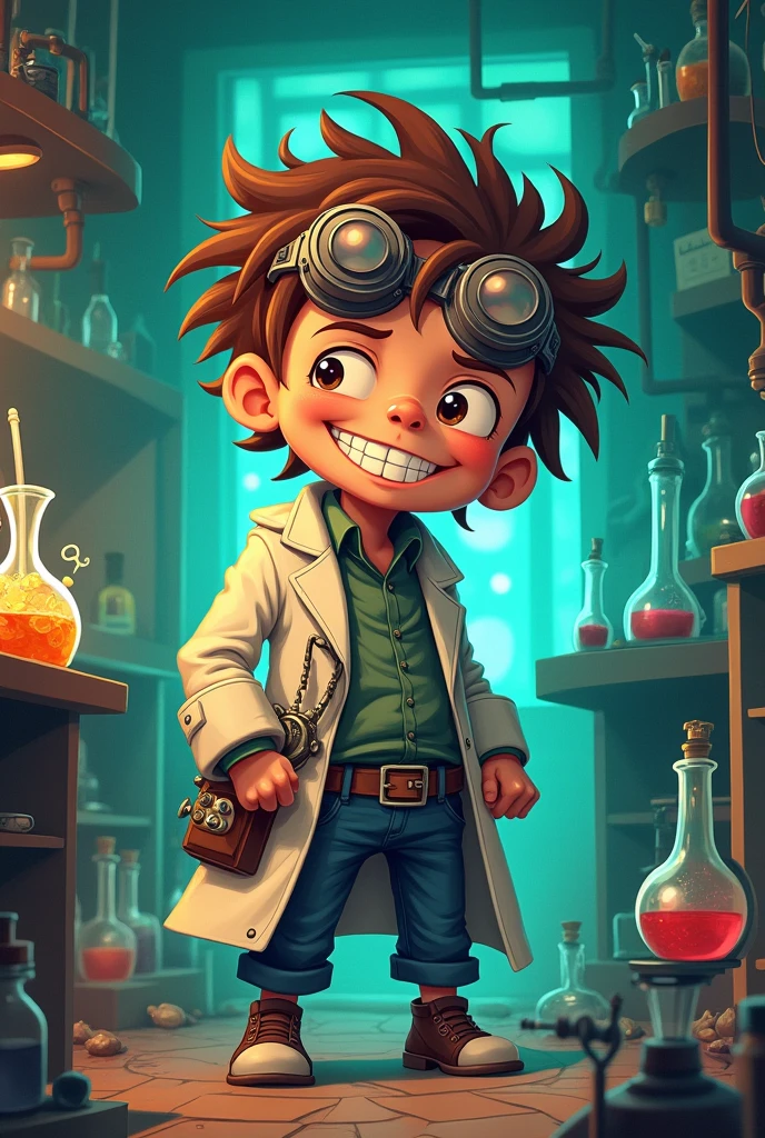 The image shows a small, stout man in anime style. He has a crooked back, has short brown shaggy hair and 2 large front teeth. He's wearing a doctor's coat. He's a mad scientist by profession 