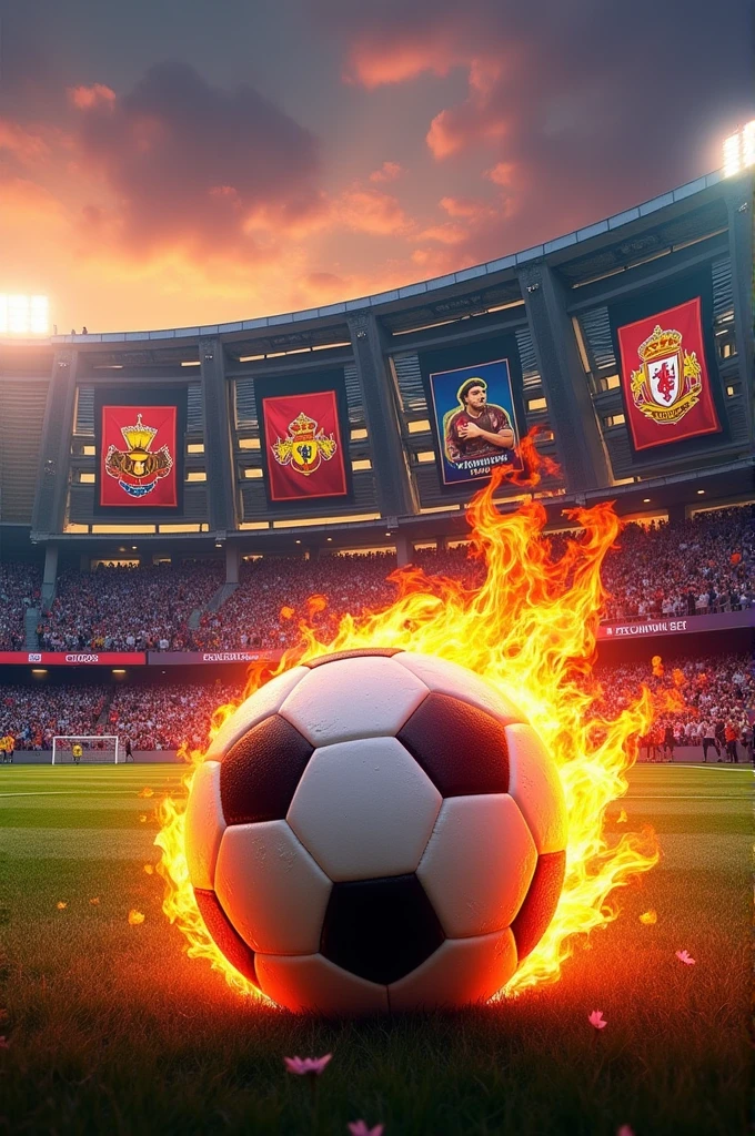 A stadium facade with a soccer theme and a fiery ball 