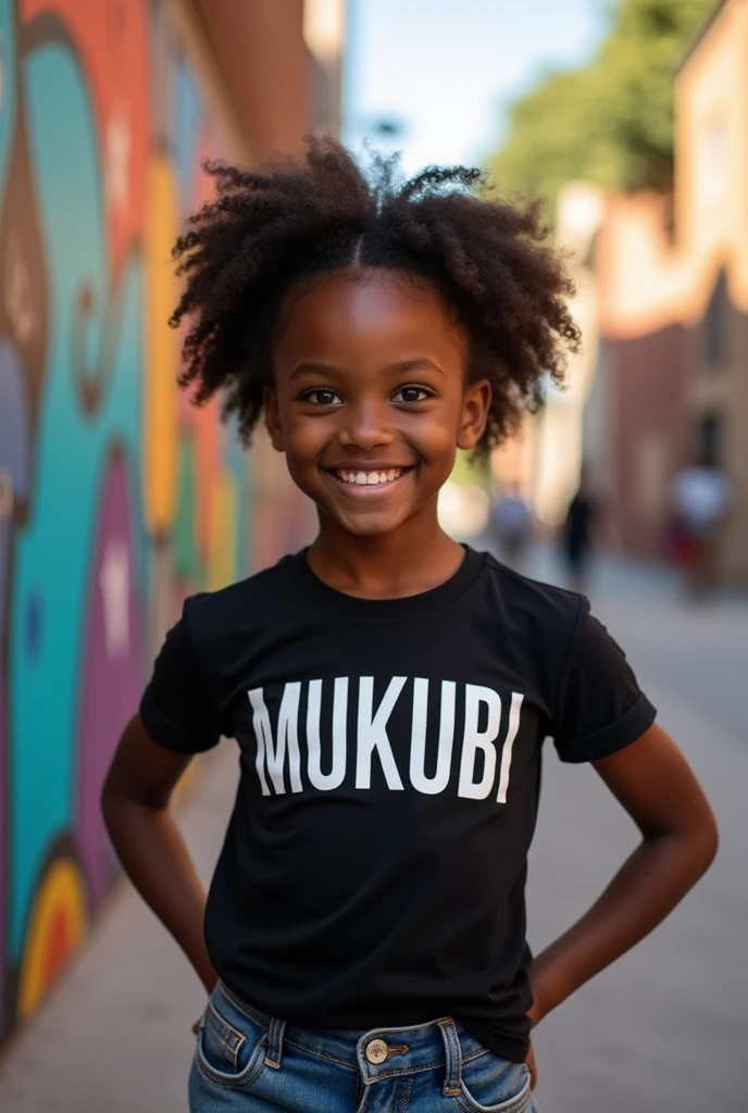 Black young girl wearing BLACK t-shirt named MUKUBI