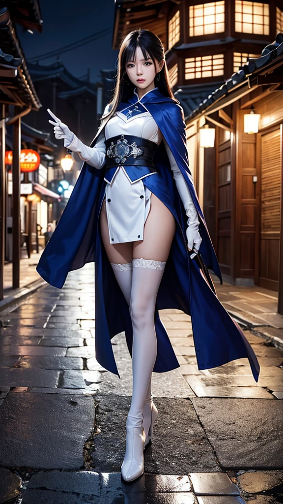 South korea assassin women mystery hooded on with modern royal Blue coat with long and wide sleeves with buttons and royal Blue cape and very high white heel over the knee and white gloves, As she reveals a small secret hidden blade coming from his palm , adding to the character's mysterious and agile appearance, with small movements of air on the cape, jump from roof to roof, in summer at night under the rain,medieval south korea house. sophisticated and highly detailed, ultra hd, realistic, hyper detailed, enhanced colours, ultra sharp focus, with vibrant, rich in details High quality, gorgeous, captivating, 8k, super detailed, stunning shadows, detailed lines, blood stain on coat and gloves, corpses in the street recently murdered