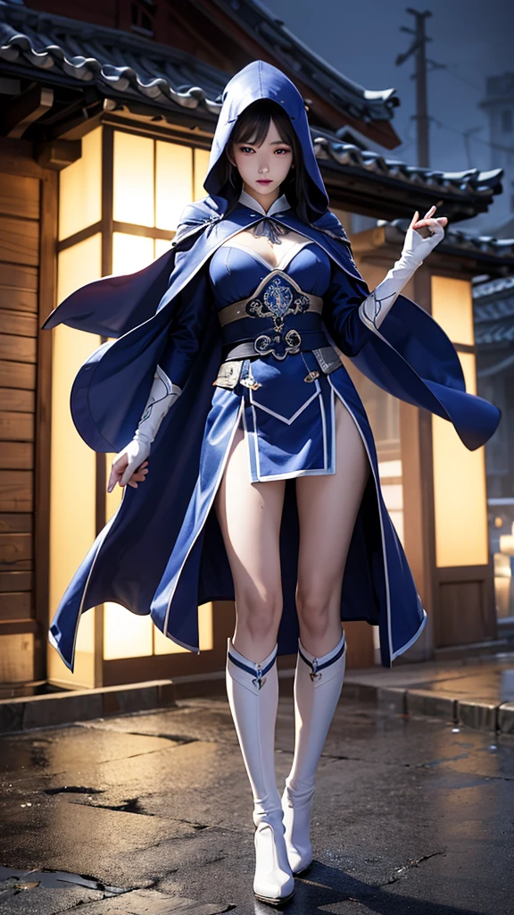 South korea assassin women mystery hooded on with modern royal Blue coat with long and wide sleeves with buttons and royal Blue cape and very high white heel over the knee and white gloves, As she reveals a small secret hidden blade coming from his palm , adding to the character's mysterious and agile appearance, with small movements of air on the cape, jump from roof to roof, in summer at night under the rain,medieval south korea house. sophisticated and highly detailed, ultra hd, realistic, hyper detailed, enhanced colours, ultra sharp focus, with vibrant, rich in details High quality, gorgeous, captivating, 8k, super detailed, stunning shadows, detailed lines, blood stain on coat and gloves, corpses in the street recently murdered