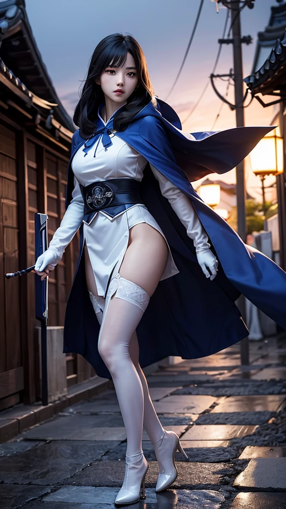 South korea assassin women mystery hooded on with modern royal Blue coat with long and wide sleeves with buttons and royal Blue cape and very high white heel over the knee and white gloves, As she reveals a small secret hidden blade coming from his palm , adding to the character's mysterious and agile appearance, with small movements of air on the cape, jump from roof to roof, in summer at night under the rain,medieval south korea house. sophisticated and highly detailed, ultra hd, realistic, hyper detailed, enhanced colours, ultra sharp focus, with vibrant, rich in details High quality, gorgeous, captivating, 8k, super detailed, stunning shadows, detailed lines, blood stain on coat and gloves, corpses in the street recently murdered