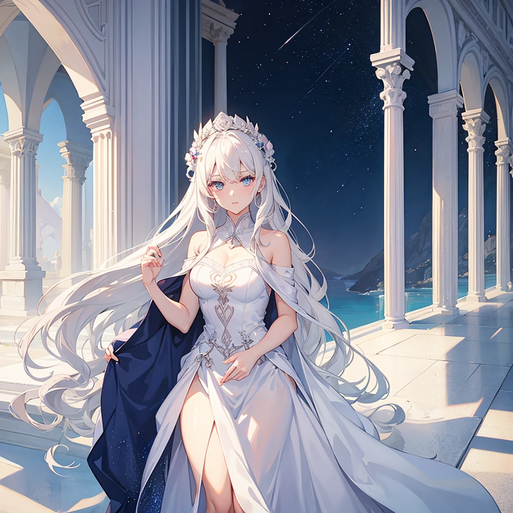 Woman one:white hair, diamond-blue eyes and a long, straight white dress.
woman two: Blonde hair and pink eyes with an ancient Greek dress and curly hair.