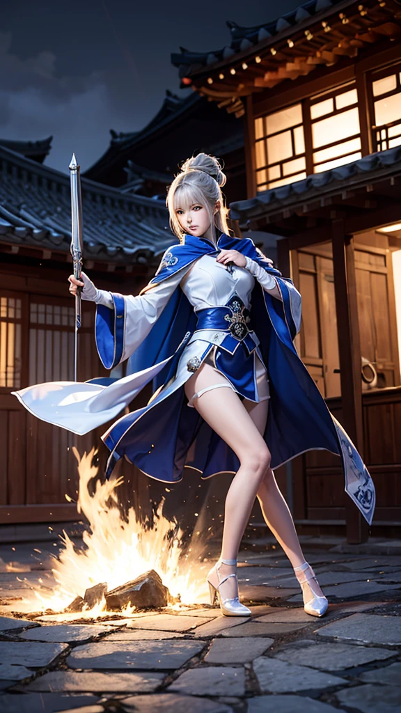 South korea assassin women mystery hooded on with modern royal Blue coat with long and wide sleeves with buttons and royal Blue cape and very high white heel over the knee and white gloves, As she reveals a small secret hidden blade coming from his palm , adding to the character's mysterious and agile appearance, with small movements of air on the cape, jump from roof to roof, in summer at night under the rain,medieval south korea house. sophisticated and highly detailed, ultra hd, realistic, hyper detailed, enhanced colours, ultra sharp focus, with vibrant, rich in details High quality, gorgeous, captivating, 8k, super detailed, stunning shadows, detailed lines, blood stain on coat and gloves, corpses in the street recently murdered
