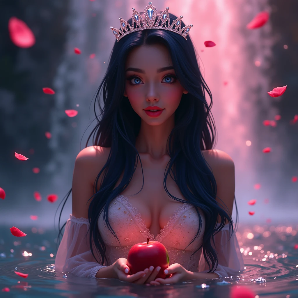 a beautiful woman with long, straight, jet-black hair, intense blue eyes, inside a waterfall which rains rose petals, She is with a bitten apple, a diamond crown on her head, with fog and red lights around it, the water reaches her waist. profile picture. animated digital art