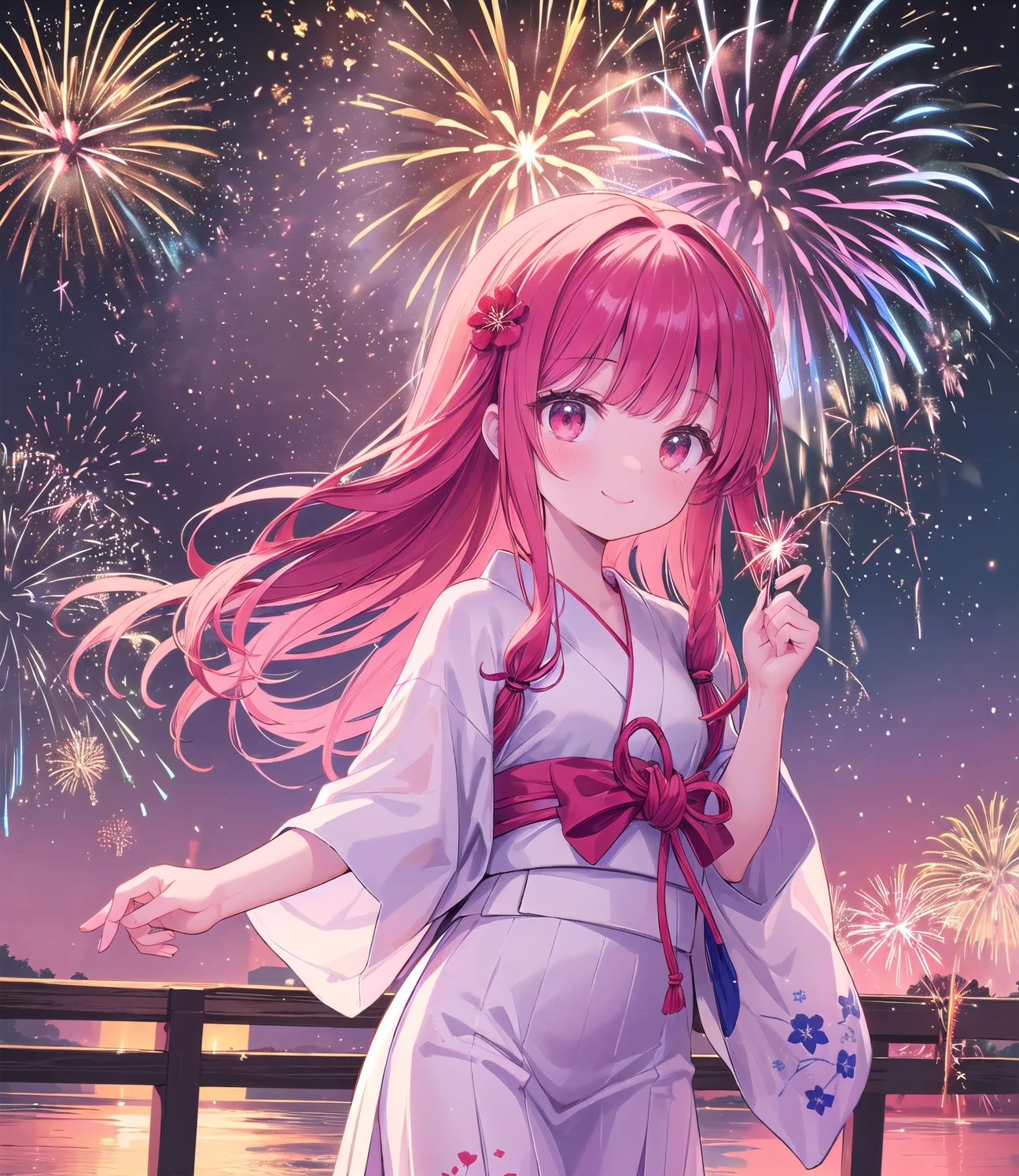 (masterpiece, Highest quality:1.2), alone, One person, Kotonoha Akane,whole body,Perfect composition,smile,,magnificent panorama view:1.3,(((fireworks across the sky:1.3))),wearing a yukata with a floralpattern,night sky,starry sky,Cinema Lighting,Hair Ribbon:1.2,Floral Yukata:1.3