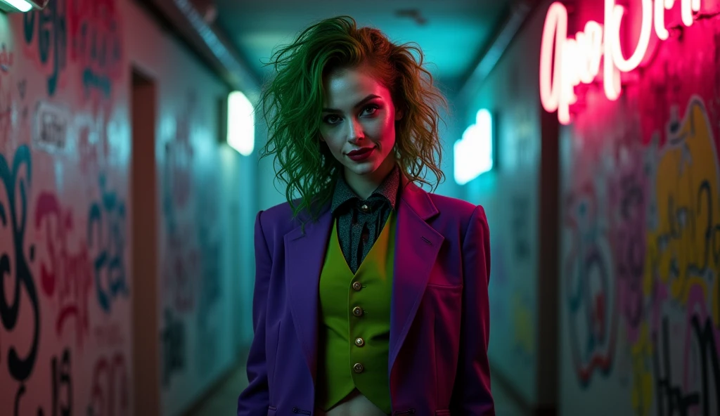{
"prompt": "A faithful female version of the iconic Joker from DC Comics, reimagined with striking beauty and allure while retaining the character's chaotic energy. She has pale white skin, with wild, vibrant green hair styled in messy, voluminous curls. Her makeup is bold, with dark, piercing eyes framed by heavy black eyeliner, and a mischievous, twisted smile painted in deep red lipstick that extends slightly beyond the corners of her mouth. She wears a sharp, tailored purple suit jacket with a green vest and matching tie on top, and a purple bikini bottom below, revealing her toned, irresistible physique. Her posture is confident and slightly unhinged, perfectly blending elegance, madness, and seductive charm, as if she’s always on the edge of chaos.",
"size": "1024x1792"
}