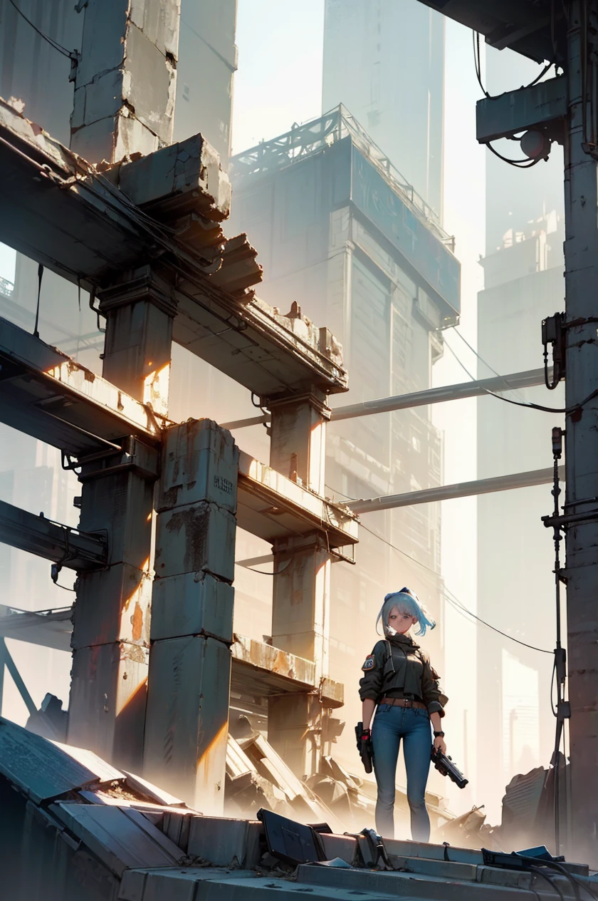 A post-apocalyptic scene in New York, 4 girls in front, 4 girls in retro-style outfits, tight blue jeans, blue,red,black,white clothes, ponytails, blue,white hair, holding light guns, fierce poses, (best quality,4k,8k,highres,masterpiece:1.2),ultra-detailed,(realistic,photorealistic,photo-realistic:1.37),extremely detailed girls, beautiful detailed eyes,beautiful detailed lips,extremely detailed eyes and face,long eyelashes,highly detailed environment,dystopian,cinematic lighting,dramatic shadows,gritty,grunge,muted colors,post-apocalyptic,abandoned city,rubble,concrete,neon signs,cyberpunk,retrofuturistic