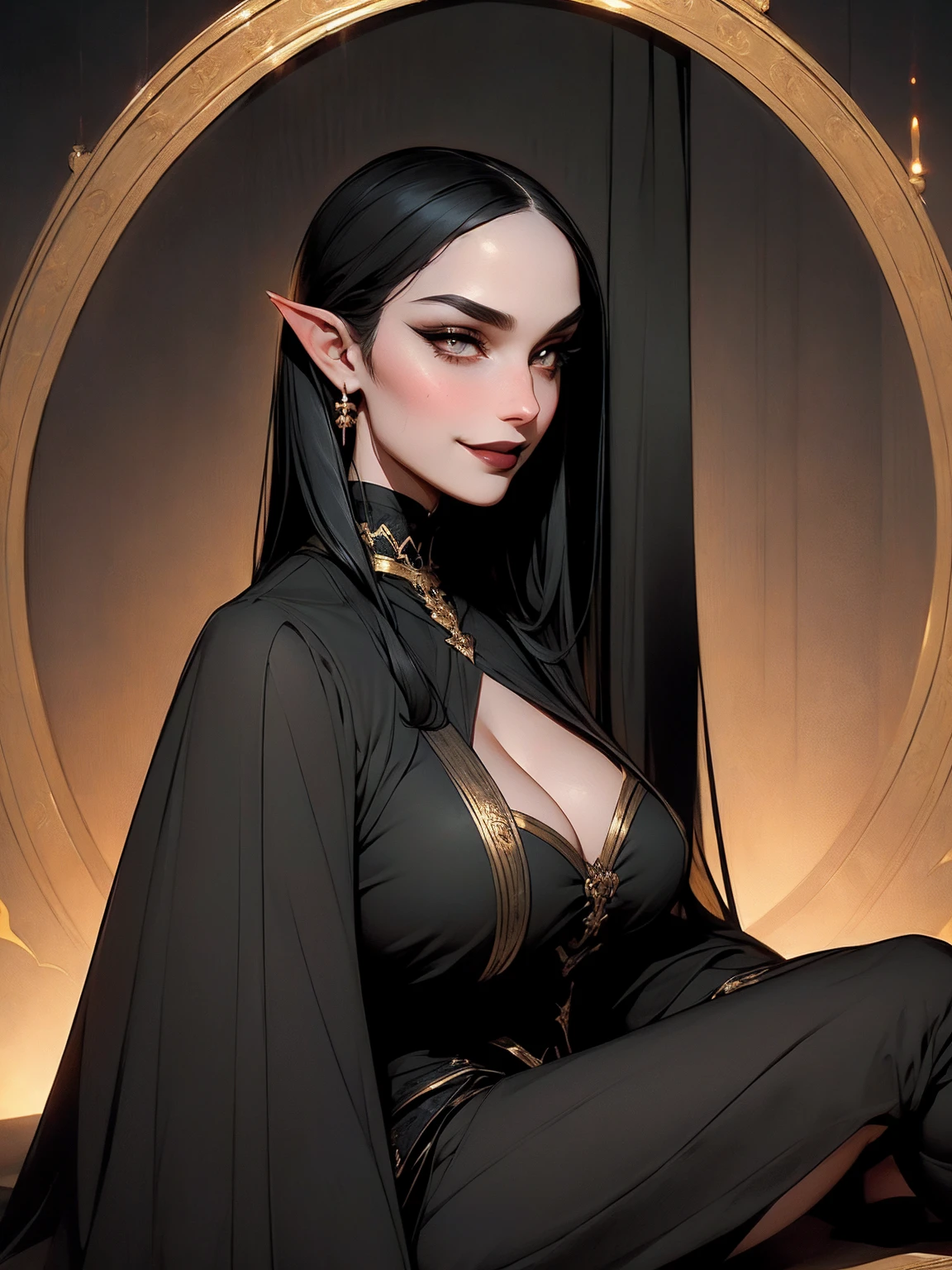 solo, (sophisticated victorian dress:1.0), ((masterpiece)),((high resolution)), ((best quality)), extremely fine and beautiful, super fine illustration, (realistic skin), (insanely detailed anime eyes), detailed face, vivid and beautiful, shocking sensation, incredibly detailed, beautiful detailed girl, supple breasts, front view, facing at viewer, black hair, (elf), medium long elf ears, (see-through:0.5), covered, ((black hair)), (very long hair), profile, sitting, plump breasts, plump thighs, wide hips, movie lighting, perfect shadow, realistic lighting shaded, (golden eyes), dark lips, (smoking), (hair with bangs), (full body), (big hips), (smiling), (golden eyes)