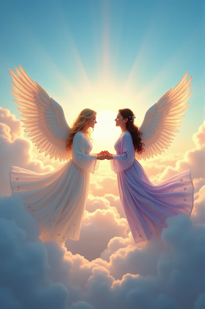 Two angels in the sky greeting each other