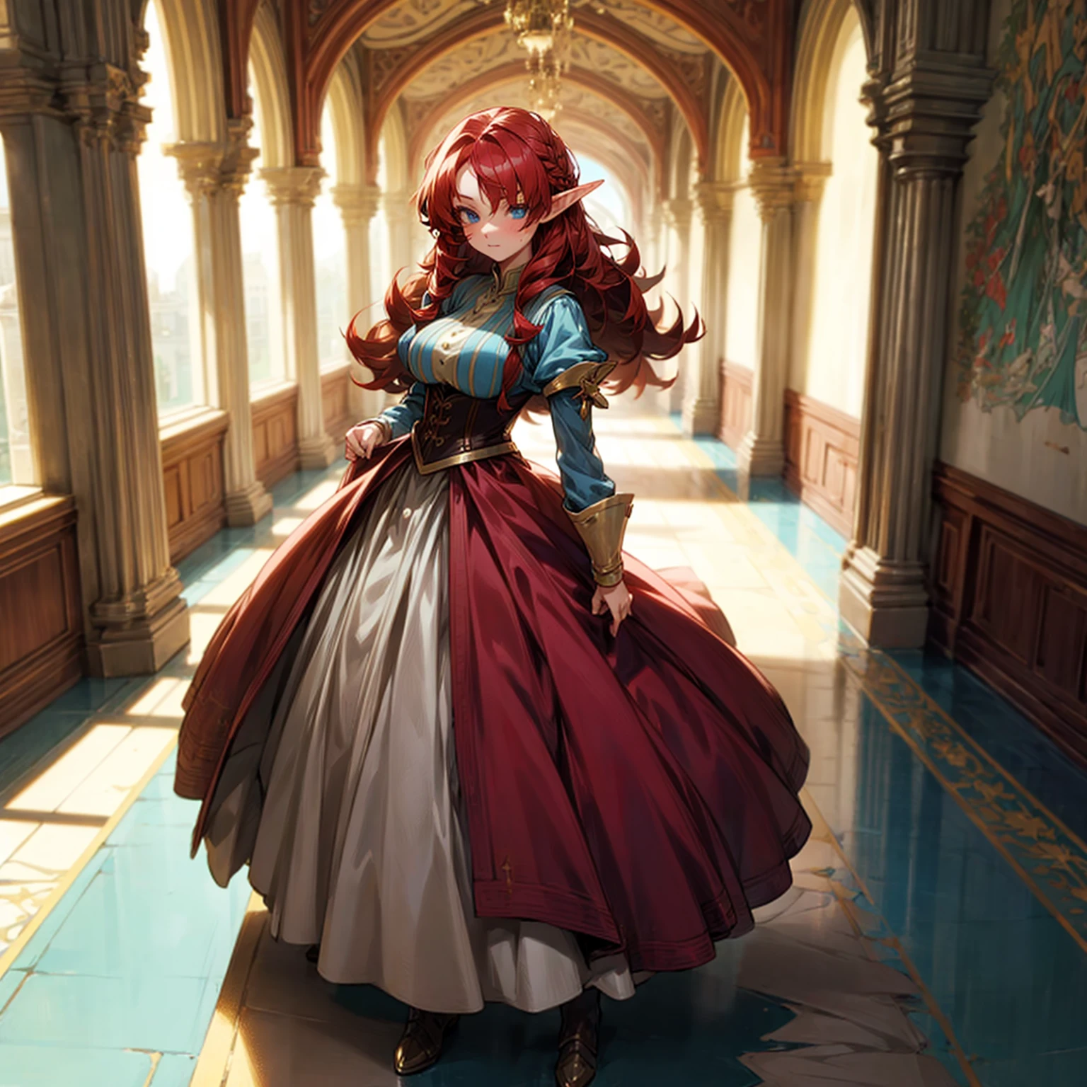 Solo character, full body version, young girl, (elf), blue eyes, red color hair, long Curly haircut, His hair covered his eyes, dress princess outfit, indoor, street corridor, Castle, medieval, detailed background, detailed clothing, detailed hair, standing gesture, (Hunter x Hunter style art), big breast