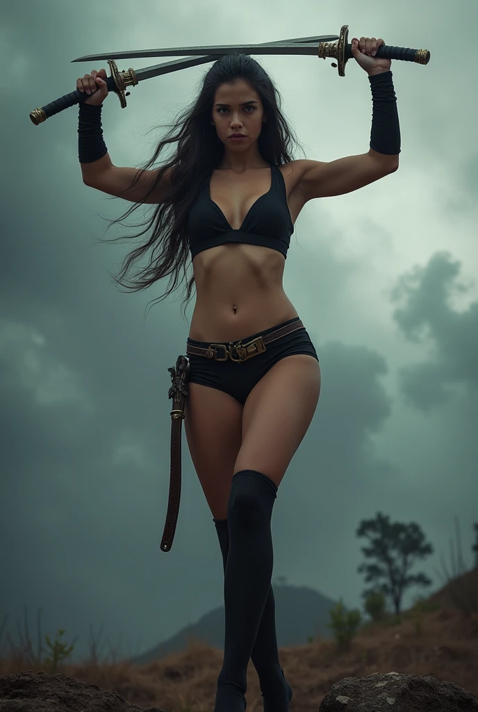 warrior- beautiful- spaxin- perfect body- sexy- thin waist- big butt- small black panties- nervous look- realistic photo- HD photo 2.2- warrior pose with swords