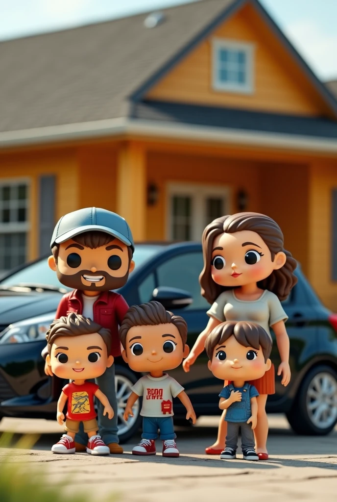 Funko pop of a family of 4, the dad with a cap, the skinny mom with long hair with 2 boys, one and the other 5 years old black Toyota Yaris 2012 car with sports rims outside a house and the car looks complete