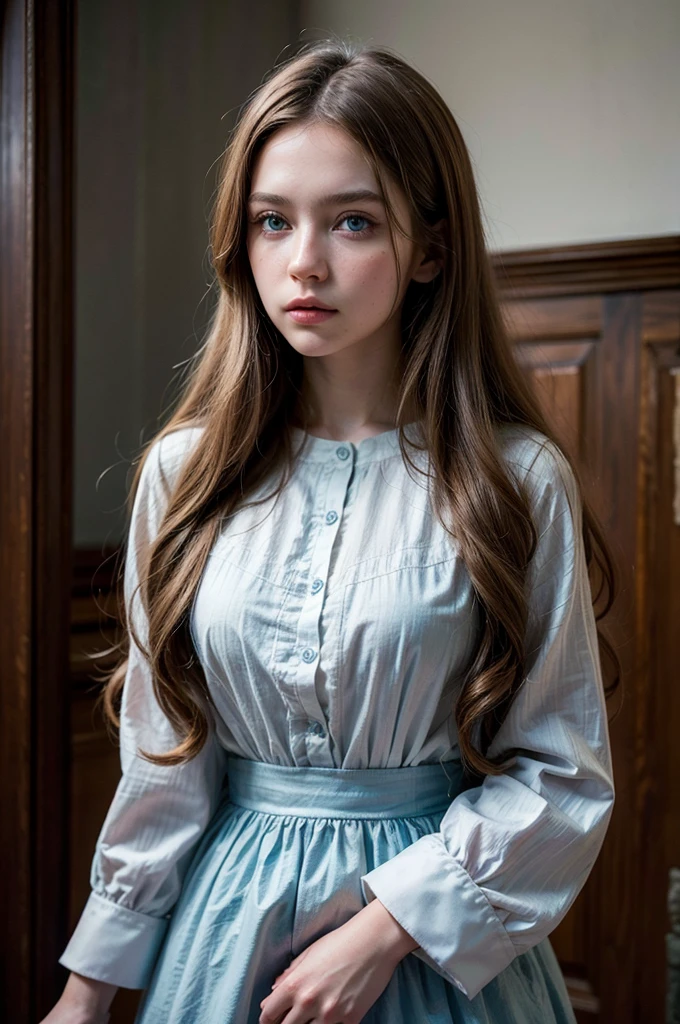 ((best qualityer)), ((work of art)), ((detailded)), super realistico, a beautiful young woman, catholic, young white color, Long, wavy hair, chestnut hair, blue colored eyes, elegant outfit, top quality picture, super realistico, 8 k quality, ultra realisitic, cinema quality