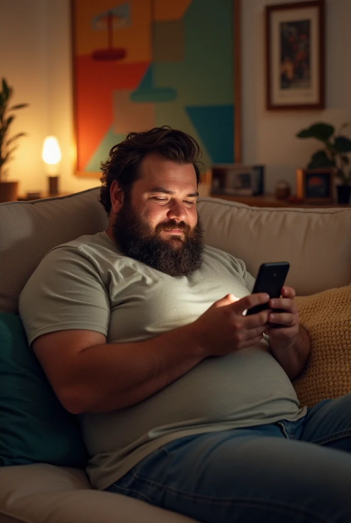 A lazy, well-fed bearded man on the sofa using an iPhone in his hand