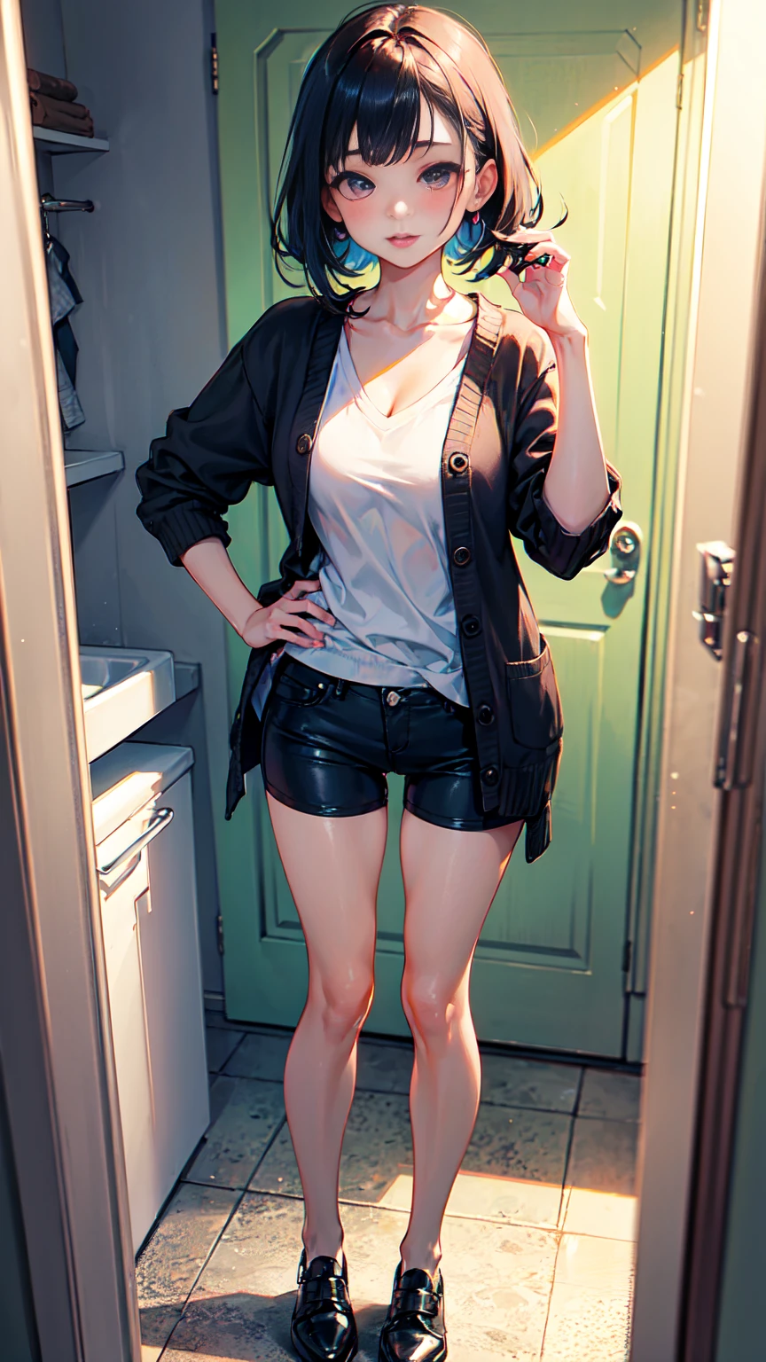 1girl, solo, fixing her hair in front of the bathroom mirror, makeup, Red Lip, gorgeous eyeliner, bangs, midium hair, V-neck T-shirts, Cut and sew, thgihhigh, black thgihhigh, Standing on tiptoes, standing, I can see your face in the mirror, short pants bottoms, cardigan, midium breasts, cute,    