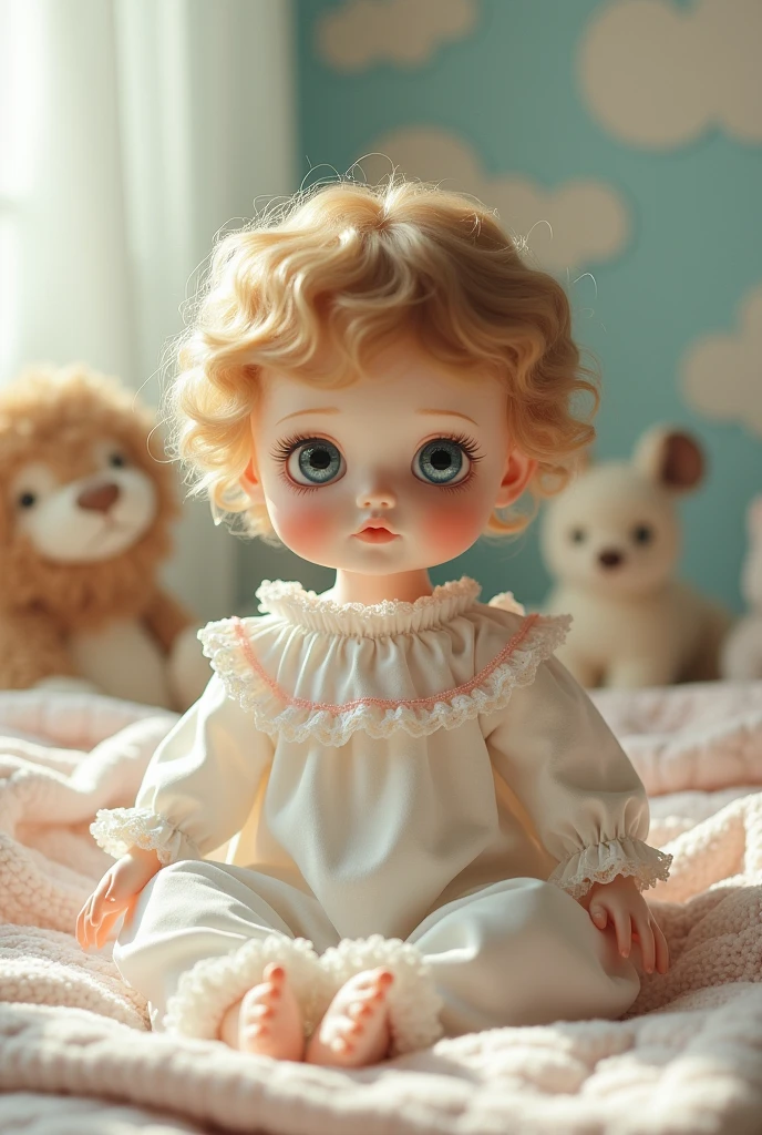 White doll with short, curly, golden brown hair, long eyelashes, and slightly slanted eyes.