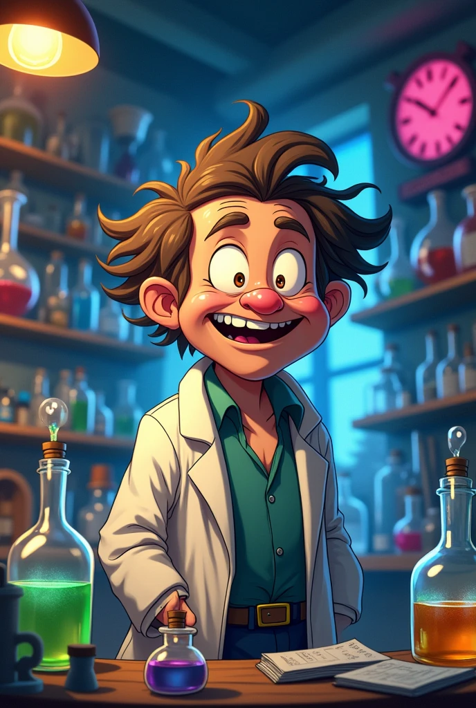 The image shows a small, stout, old man in anime style.. He has a crooked back, has short brown shaggy hair and 2 large front teeth. He's wearing a doctor's coat. He's a mad scientist by profession