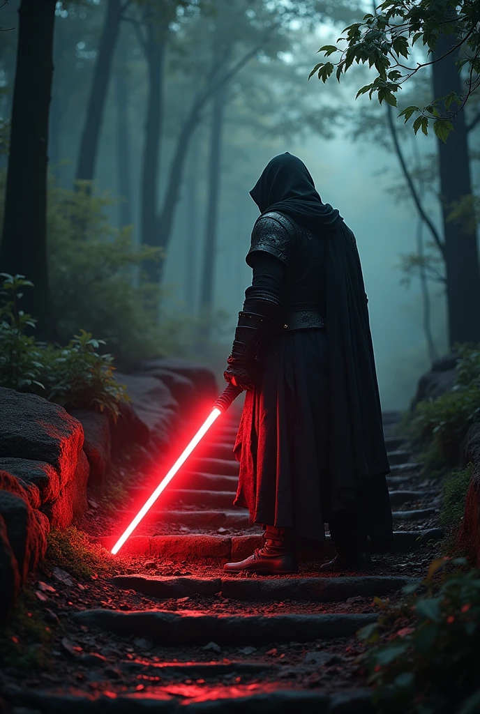 (masterpiece:1.2), (best quality:1.2), 8k, HDR, ultra detailed, ((photorealistic)), professional light, cinematic lighting, fashion photography, ambient lighting, background, a dark forest, Darkness, epiCPhoto, fire, stairs, A thief in cloth armor, holding a red light saber.
