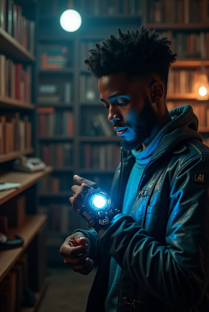 Young black man looks at a time-traveling device on his wrist 